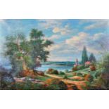 Ball (20th Century) British. A Continental Lake Scene, with a Figure seated under a Tree, Oil on