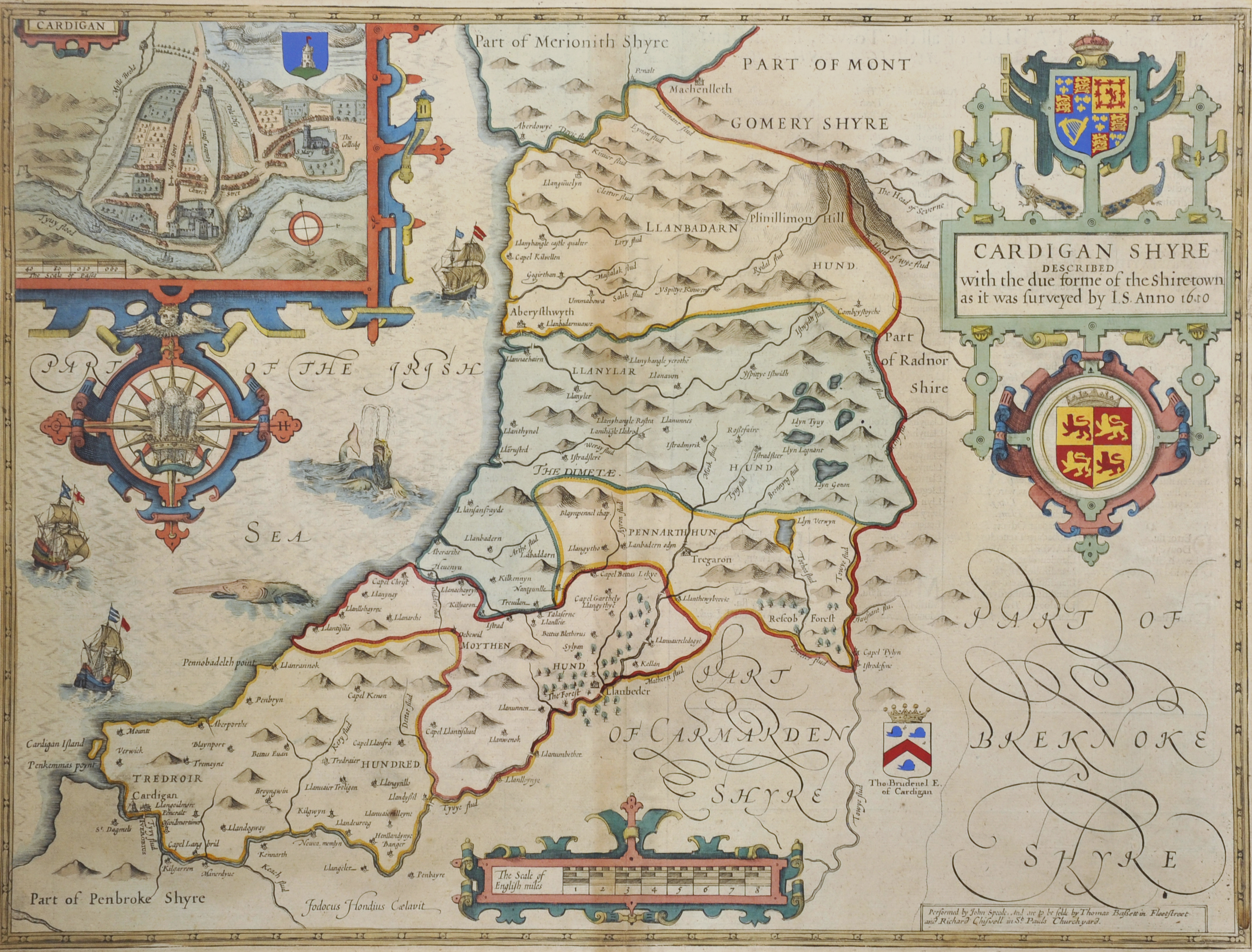 John Speede (1552-1629) British. "Cardigan, Shyre", Map in Colours, 15" x 19.75" (38.1 x 50.1cm).