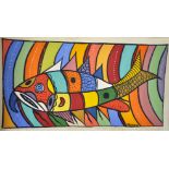 Francois Thango (1936-1981) Congolese. A Study of a Fish, Mixed Media on unstretched Canvas, Signed,