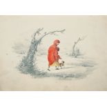 Hannah Sexton (19th Century) British. A Young Girl, wearing a Red Cloak, walking with her Spaniel,