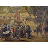 20th Century English School. A Park Scene, with Figures Queueing by a Sailing Pond, with a Stately