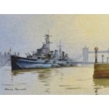 Denis Pannett (1939- ) British. "HMS Belfast", by Tower Bridge, London, Watercolour, Signed, and