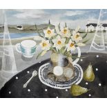 Sarah Bowman (1975- ) British. Still Life of Daffodils in a China Vase, with Pears, a Tea Spoon