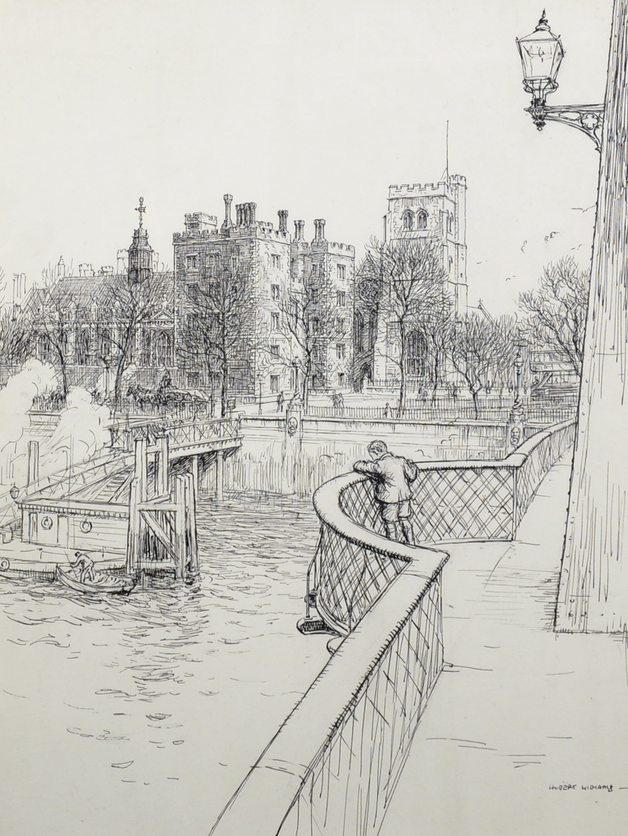 Herbert Williams (20th - 21st Century) British. "Lambeth Palace and Church, From Lambeth Bridge",