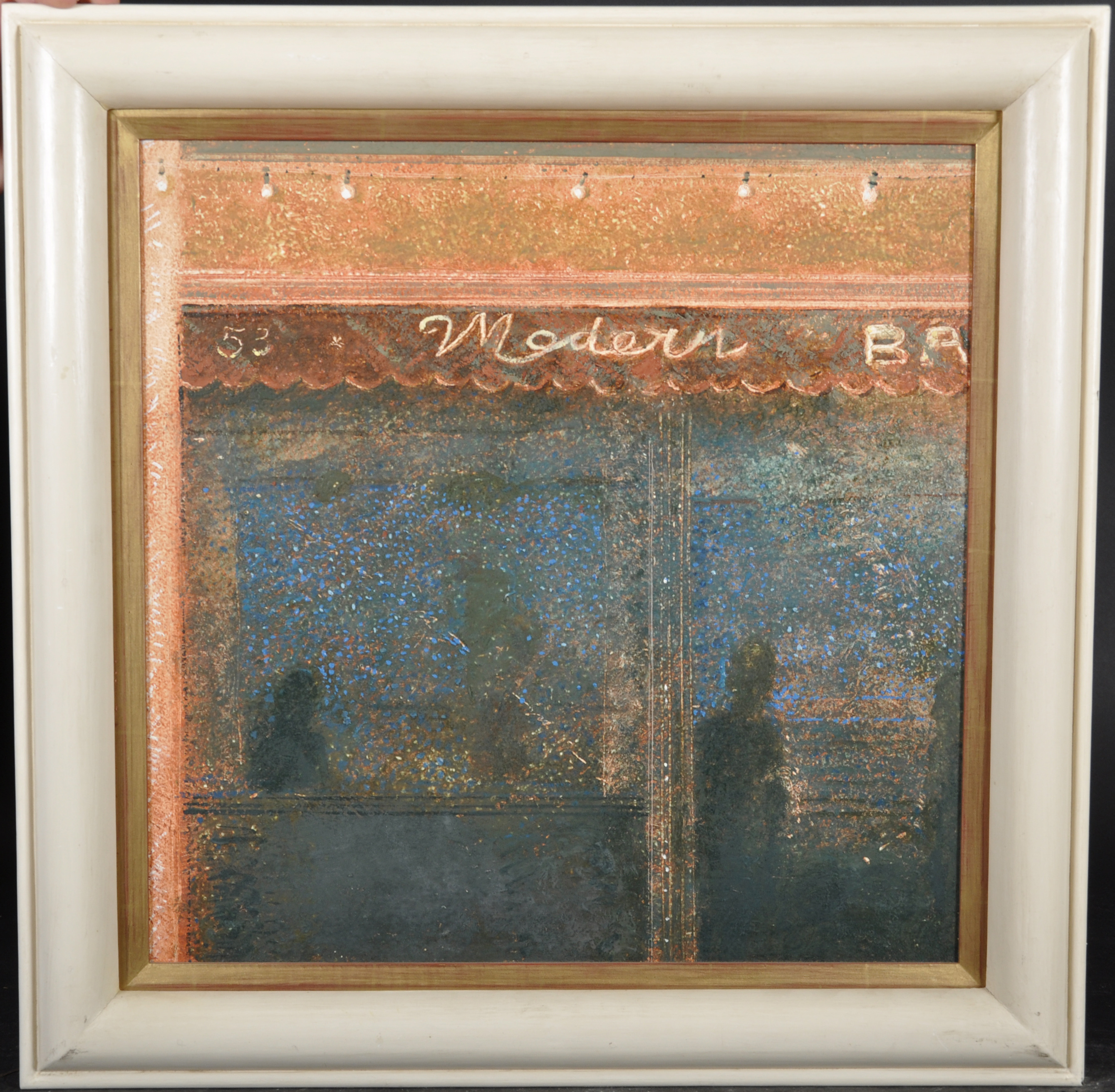 M... Peacock (20th Century) British. "Modern Bar", Oil on Board, Signed, Inscribed and dated 1991 on - Image 2 of 6