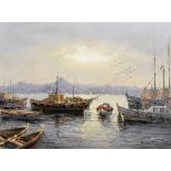 20th Century European School. Moored Boats off Istanbul, Oil on Canvas, Indistinctly Signed, 23" x