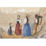 19th Century English School. Figures on a Hillside with Mountains and a Lake in the distance,