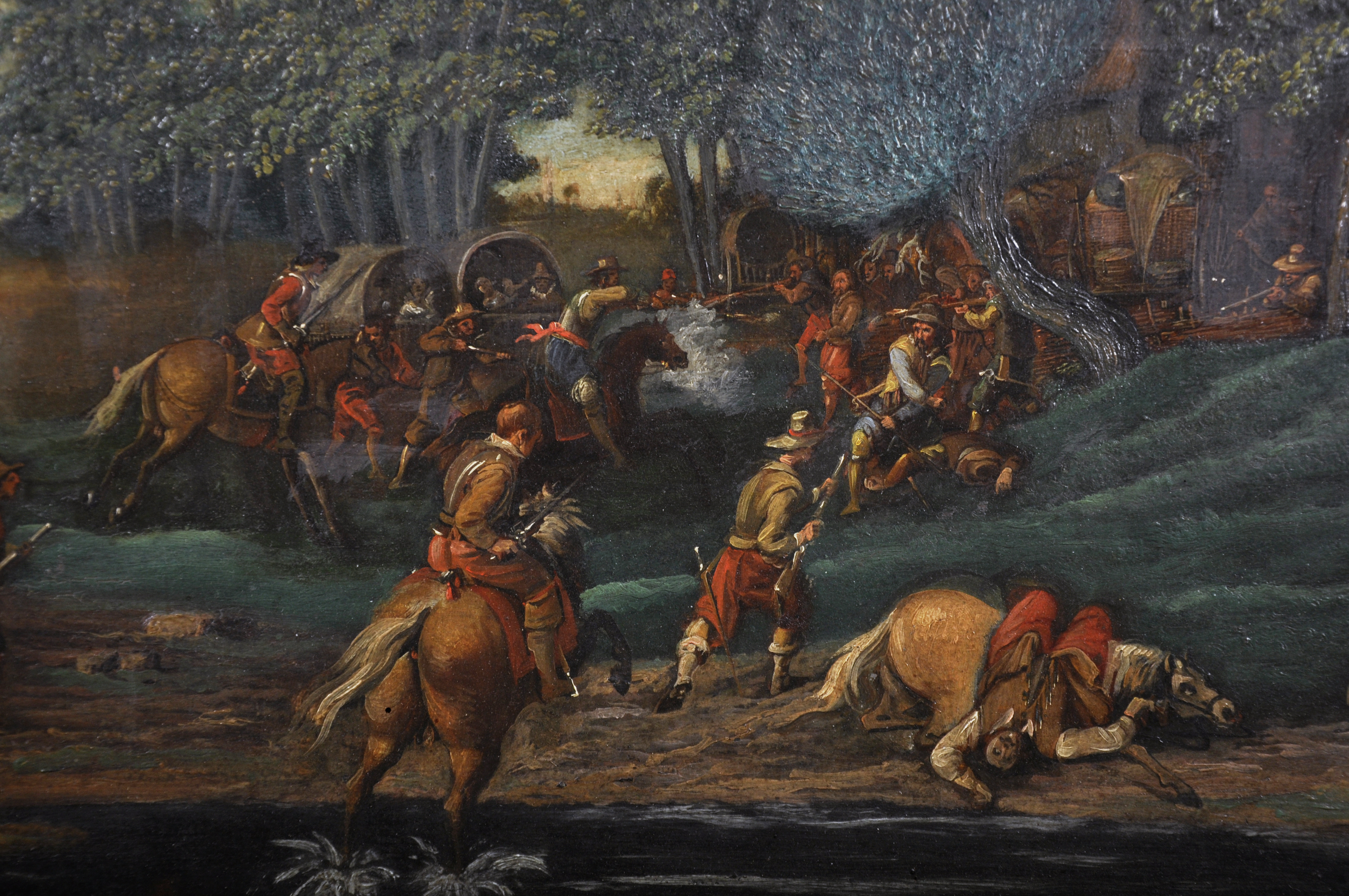 Manner of Sebastian Vrancx (1573-1647) Dutch. A Cavalry Skirmish, Oil on Panel, 17" x 29.25" (43 x - Image 3 of 5