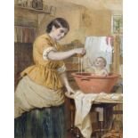 William Lucas (c.1840 - 1895) British. A Mother Washing a Baby in a Brown Bowl, Watercolour,