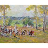 Isaak Davidovitch Drize (1909-2010) Russian. "A Country Walk", Figures with Young Children, Oil on