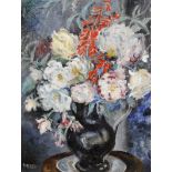 Pat Wetzel (20th Century) European. Still Life of Flowers in a Blue Vase, Oil on Canvas, Signed, 20"