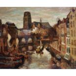 Evert Moll (1878-1955) Dutch. A Canal Scene, possibly Rotterdam, with Figures in Boats, a Church