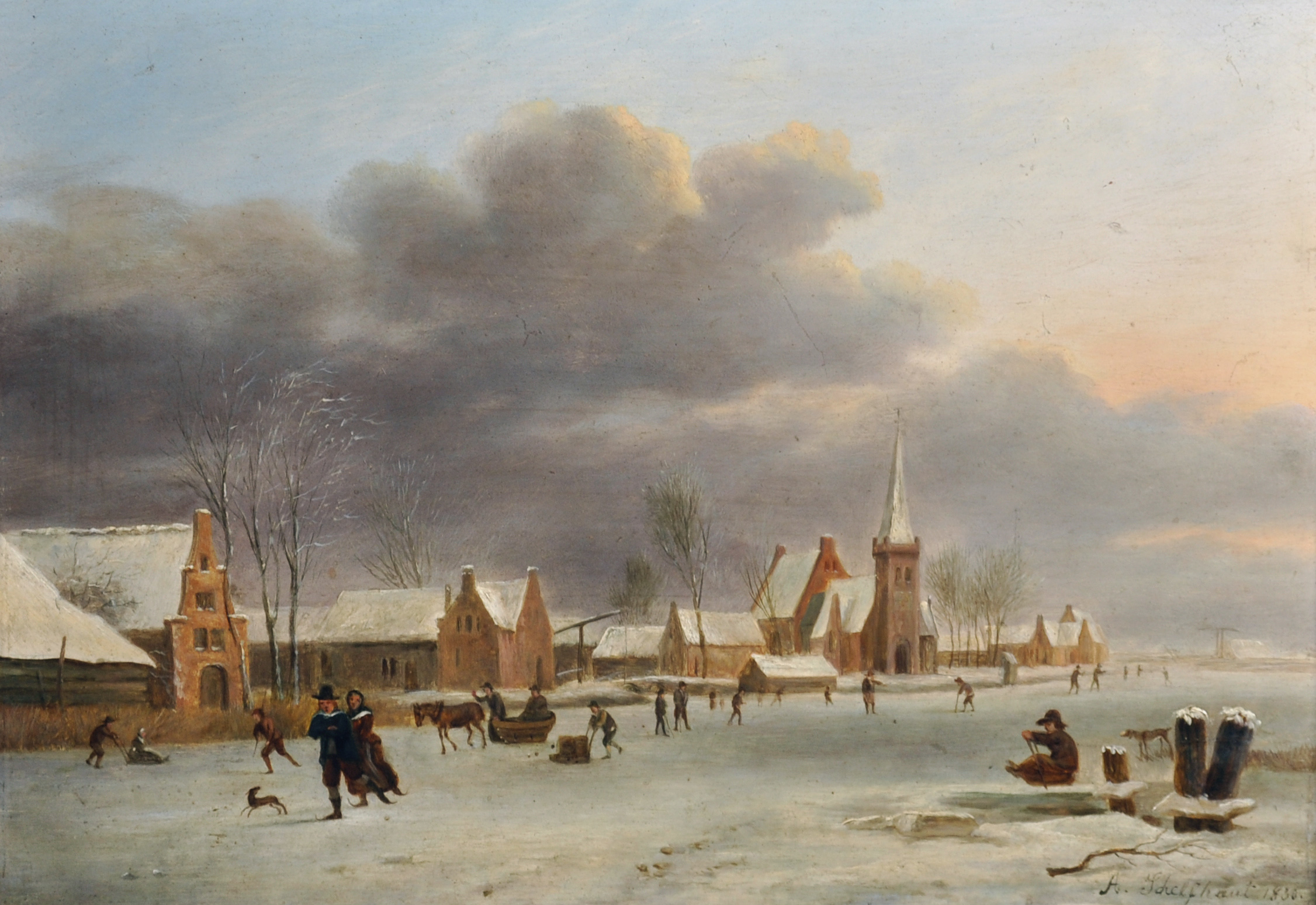 Andreas Schelfhout (1787-1870) Dutch. A Winter Town Scene, with Figures Skating, Oil on Panel,