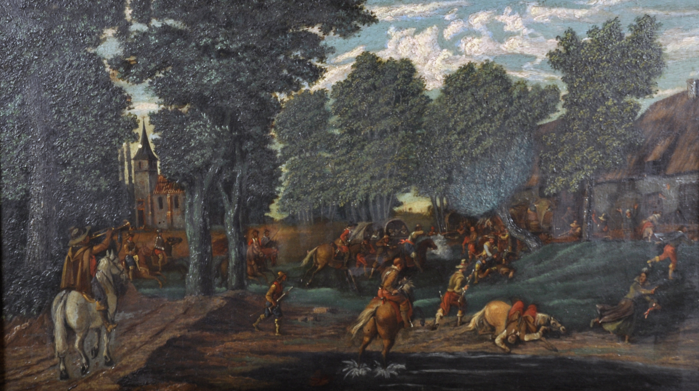 Manner of Sebastian Vrancx (1573-1647) Dutch. A Cavalry Skirmish, Oil on Panel, 17" x 29.25" (43 x