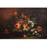 18th Century Spanish School. Still Life of Flowers in a Wicker Basket, Oil on Canvas, Unframed,