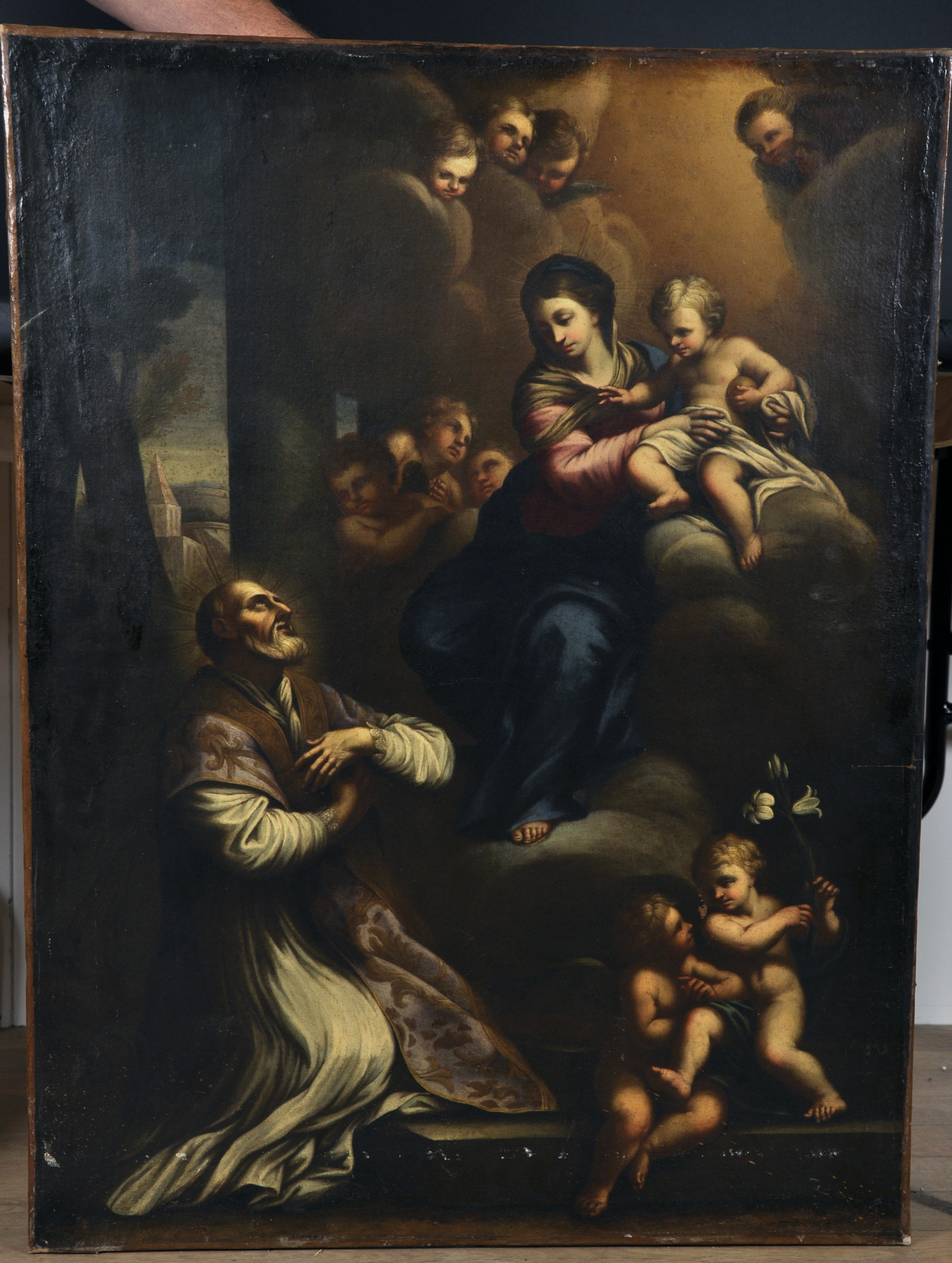 17th Century Spanish School. Saint Joseph with the Mother and Child Surrounded by Angels, Oil on - Image 2 of 4