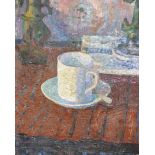 H... Gilman (20th Century) British. A Still Life of a Cup on a Table, Oil on Unstretched Canvas,