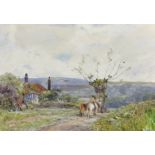 Claude Hayes (1852-1922) British. A Landscape with Horses and a Rider, a Cottage beyond,
