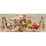 19th Century French School. Still Life of Flowers in an Urn, Oil on Canvas, an Overdoor, Unframed,