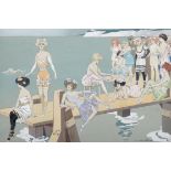 Early 20th Century English School. Bathing Figures on a Jetty, Mixed Media, Inscribed 'Crown', for
