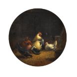 Circle of Louis Marie Lemaire (1824-1910) French. Chickens in a Farmyard, Oil on Canvas, Circular,