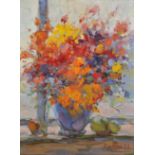 20th Century Russian School. A Still Life of Flowers in a Vase, and Fruit on a Table, Oil on Canvas,