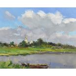 20th Century Russian School. A River Landscape, with distant Church, a Rowing Boat in the