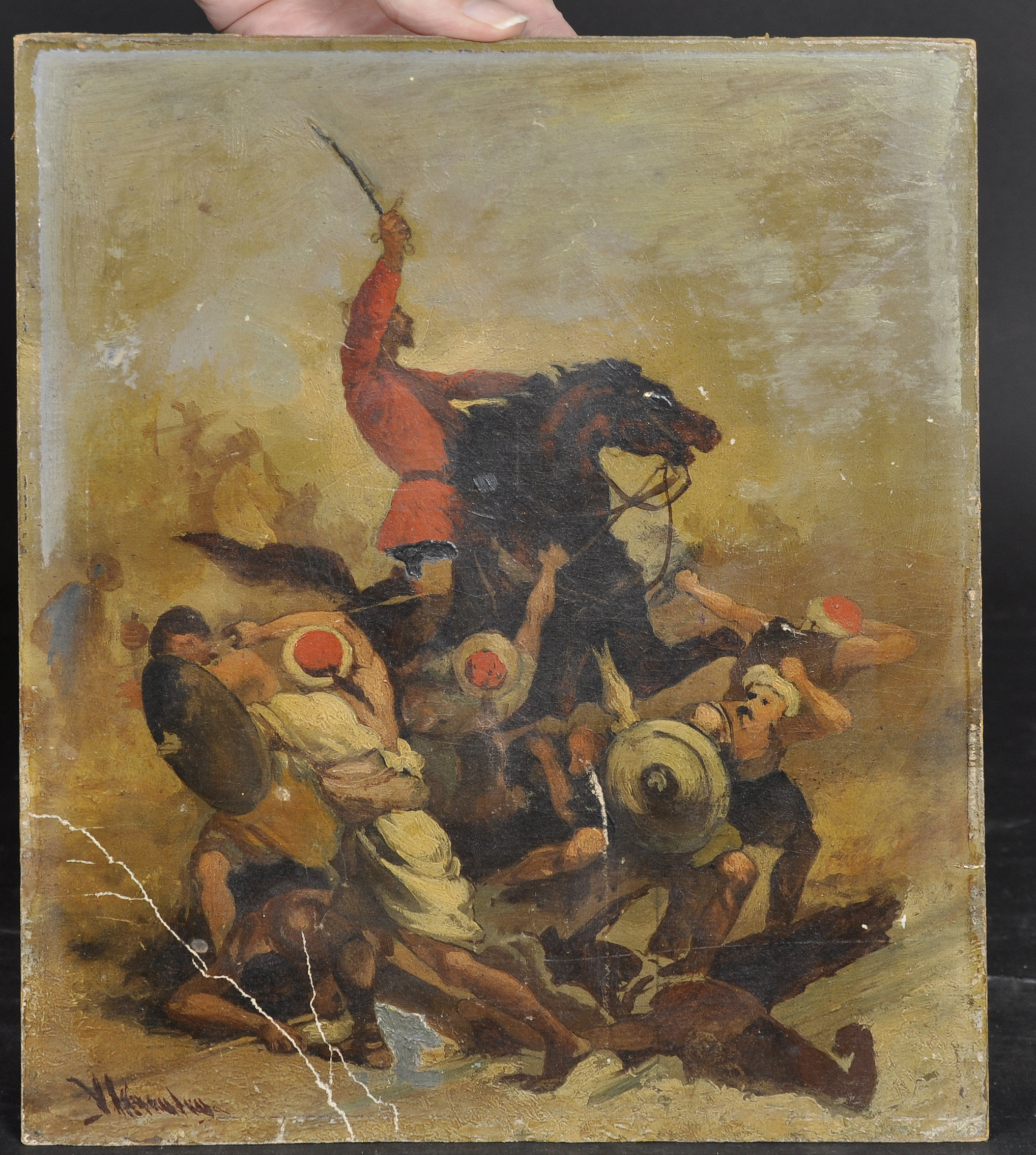 Manner of Eugene Delacroix (1798-1863) French. A Battle Scene, Oil on Board, Indistinctly Signed, - Image 2 of 4