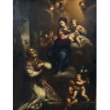 17th Century Spanish School. Saint Joseph with the Mother and Child Surrounded by Angels, Oil on