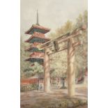 Masana Kawakubo (19th - 20th Century) Japanese. 'The Nikko Temples', Watercolour, Signed, 19.5" x