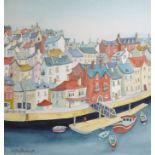 Catherine J Stephenson (20th Century) British. A Town Scene by a Harbour a Jetty in the