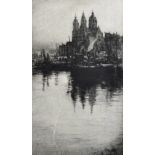 Beth McAlister (20th Century) British. A European Cathedral on a River, Drypoint Etching, Signed