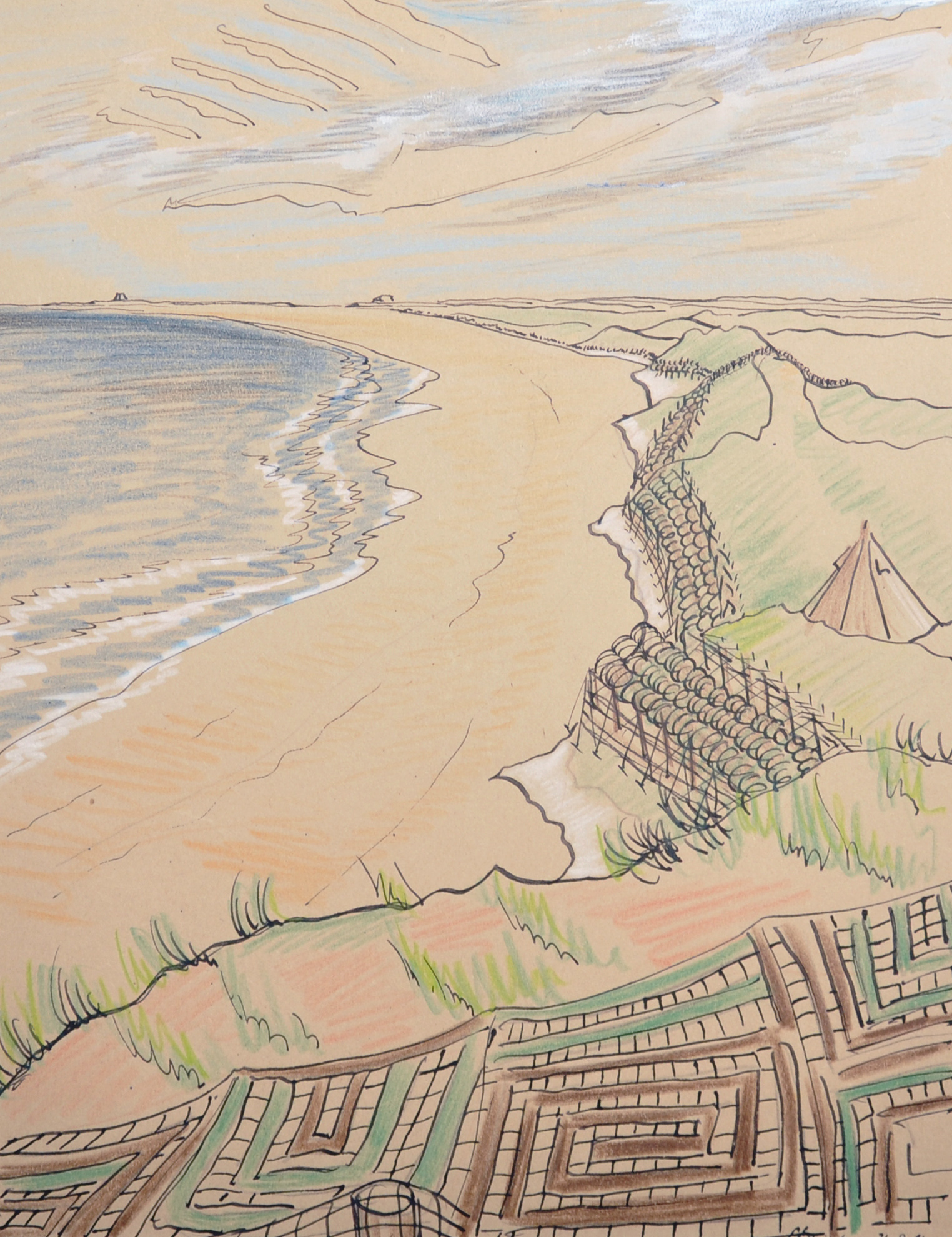 Henry Cotterill Deykin (1905-1989) British. A Beach Scene, with Barbed Wire Fencing, and Cover Nets,