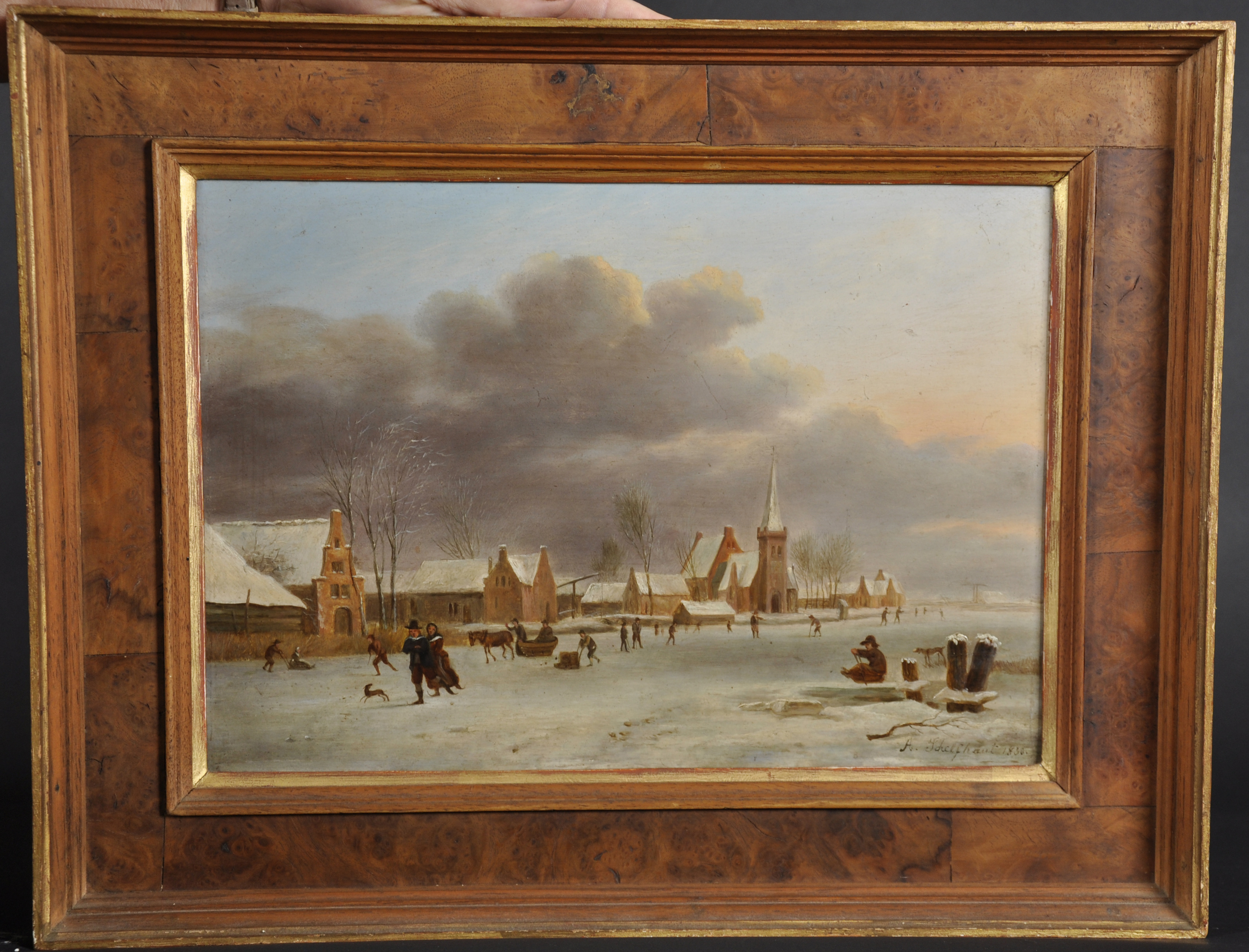 Andreas Schelfhout (1787-1870) Dutch. A Winter Town Scene, with Figures Skating, Oil on Panel, - Image 2 of 4