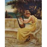 Herbert Sidney Percy (1863-1932) British. A Grecian Harp Player on a Marble Terrace, Oil on