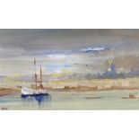 Tom Keating (1917-1984) British. An Estuary Scene with a Moored Boat, Oil on Board, Signed, 4.25"