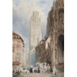 J... Cordwell (19th Century) British. "Notre Dame, Rouen", a Street Scene with Figures, Watercolour,