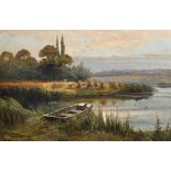 Arthur William Redgate (1860-1906) British. "Evening on the Trent", a River Scene with Harvesting,