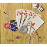 Raymond Campbell (1956- ) British. "Beat That!", a Royal Flush, with Dice and Gambling Chips, Oil on