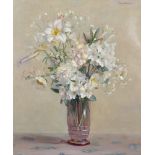 Nora H Cullen (20th Century) British. Still Life of Flowers in a Pink Glass Vase, Oil on Canvas,