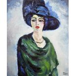 E Hausmann (20th Century) European. Portrait of a Lady in a Blue Hat, Oil on Canvas, Signed and