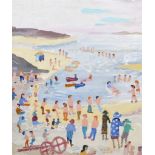 Fred Yates (1922-2008) British. "Seascape", a Beach Scene with Figures, Oil on Board, Signed, 19"