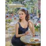 Konstantin Razumov (1974- ) Russian. "Young Lady Sitting in a Café in Paris", with Tea and Petit