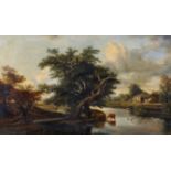 19th Century Dutch School. A River Landscape with Cattle Watering, Oil on Canvas, 21" x 34" (53.2