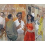 Frank Joseph Archer (1912-1995) British. "Street Scene in Roma", with Figures, Oil on Board,