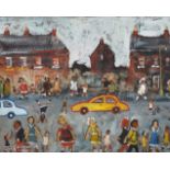 Simeon Stafford (1956- ) British. A Street Scene with Figures and Cars, Oil on Board, Signed, 8" x