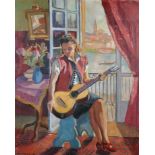 Roger Worms (1907-1980) French. An Interior with a Lady Holding a Guitar, Oil on Canvas, Signed