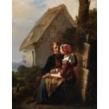 19th Century German School. A Courting Couple, seated by a Cottage, Oil on Panel, 10" x 8.25" (25.