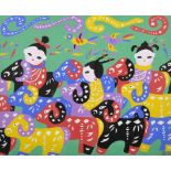 Lin Hua (20th Century) Chinese. "Lucky Lambs", Mixed Media, Signed with Chinese Motif, and Inscribed