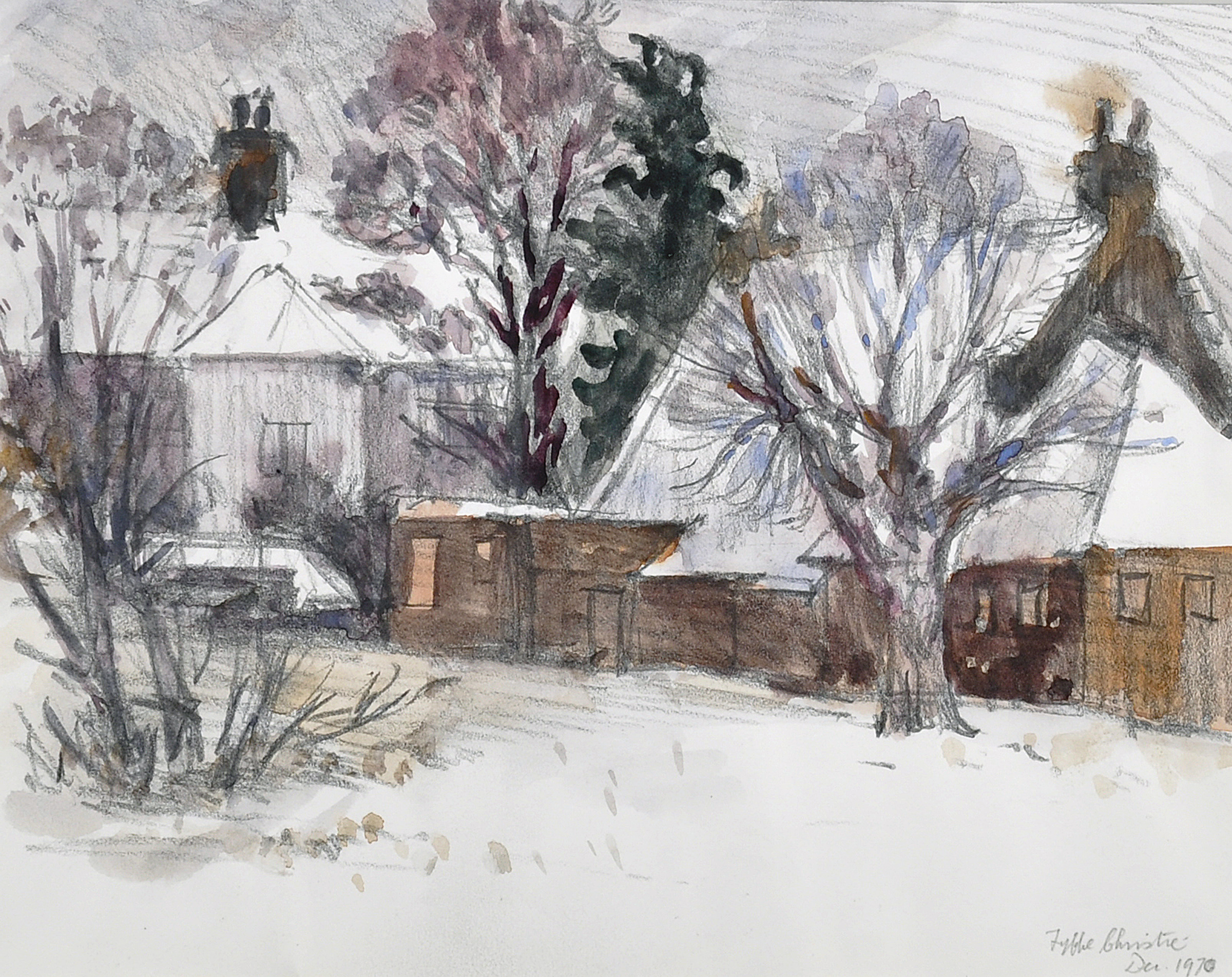Fyffe Christie (1918-1979) British. "Cottages, Datchworth, Winter 1970", Watercolour, Signed and